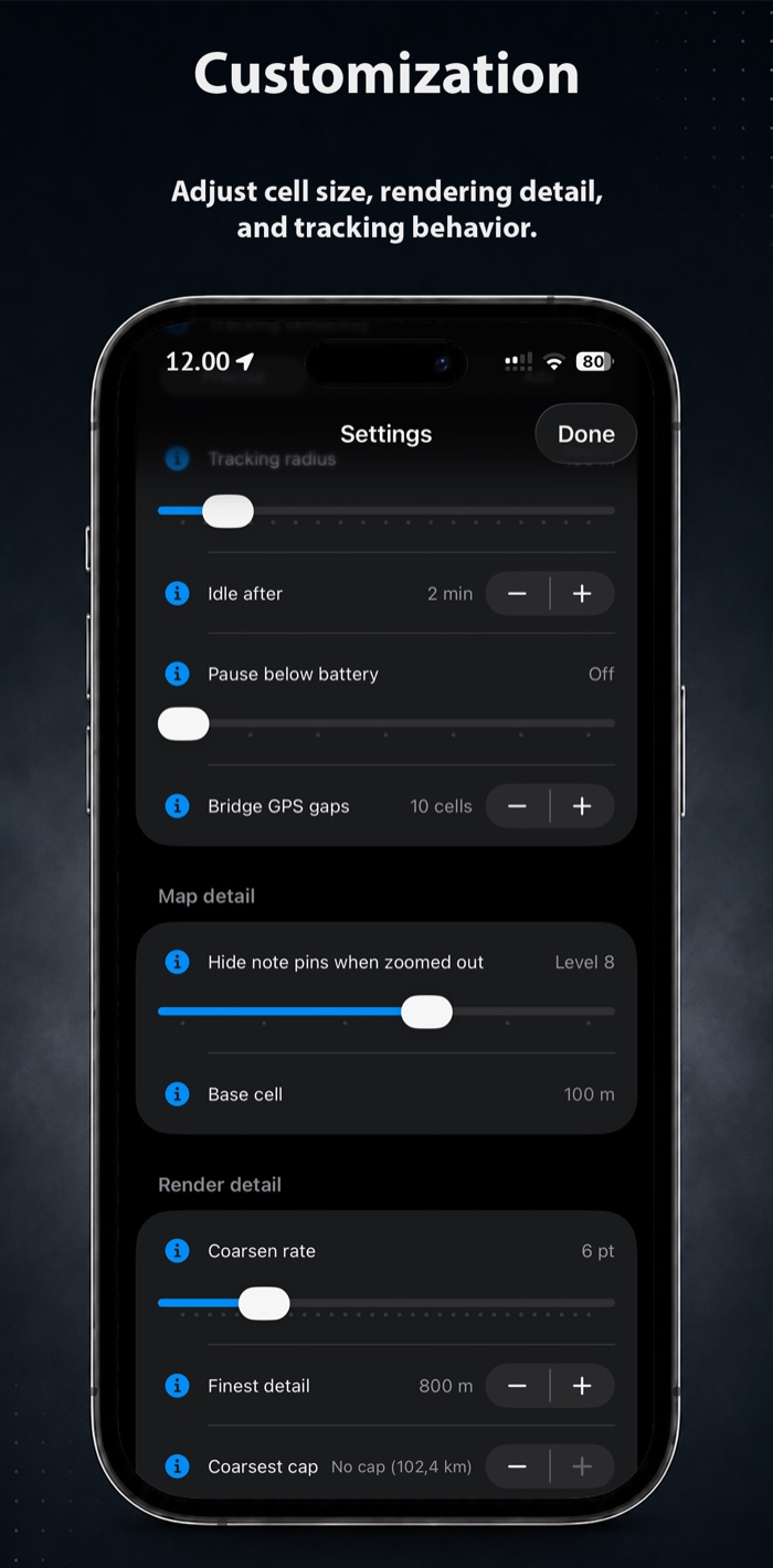 FogMap settings screen for adjusting grid cell size, tracking radius, and battery-conscious behavior