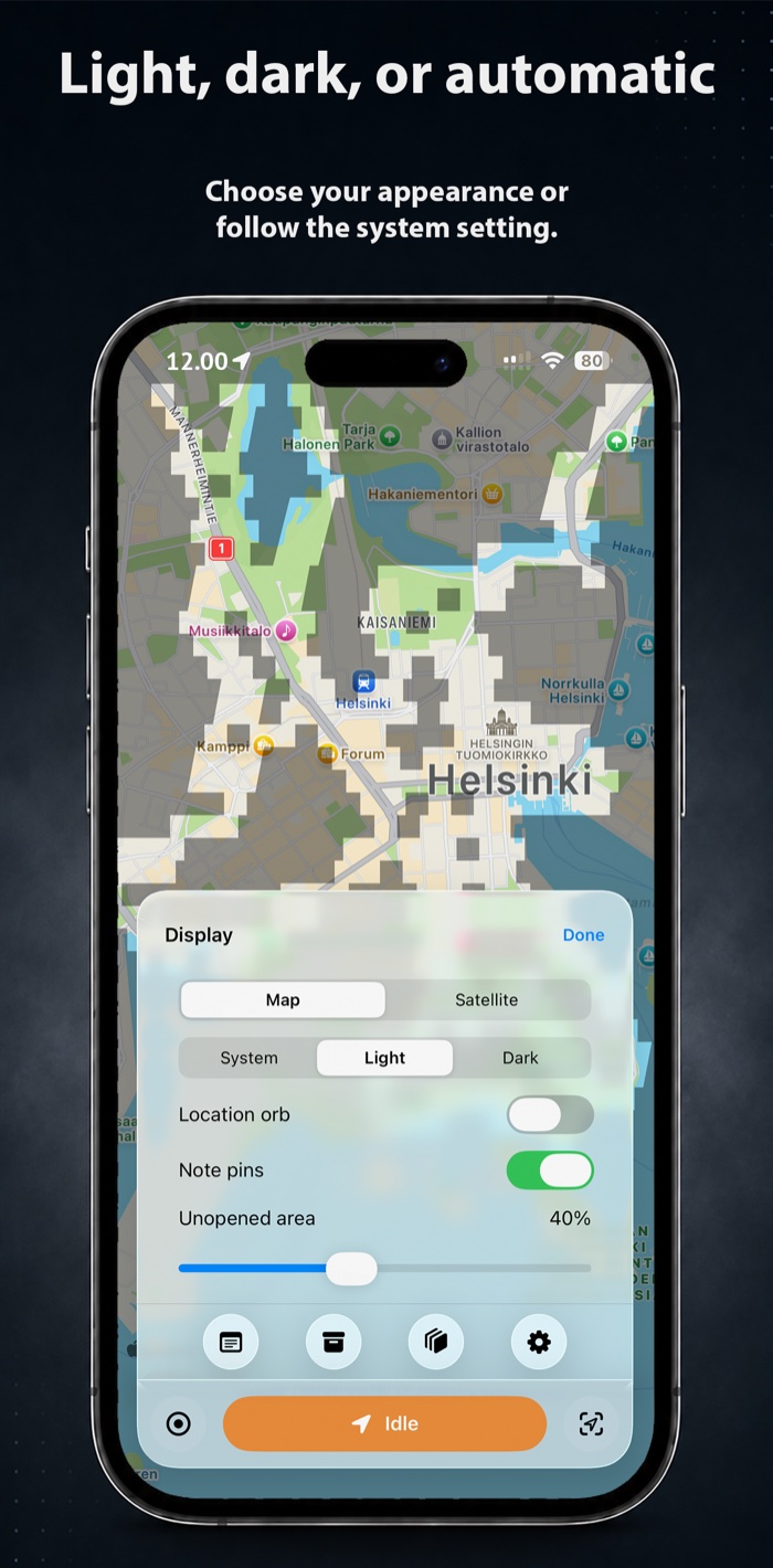 FogMap in light mode with the display panel for switching map or satellite view and choosing light, dark, or automatic appearance