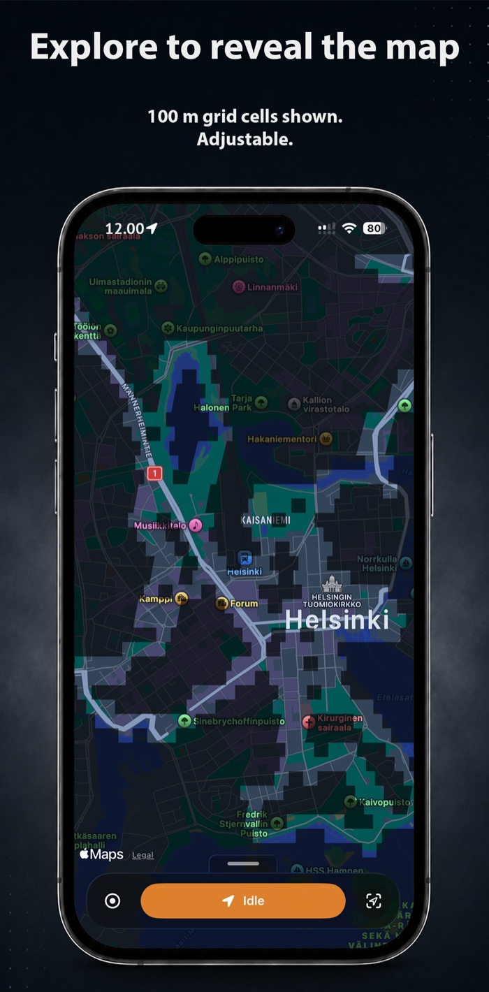 FogMap revealing walked streets across Helsinki as a grid of uncovered map cells, with unexplored areas still dimmed under fog