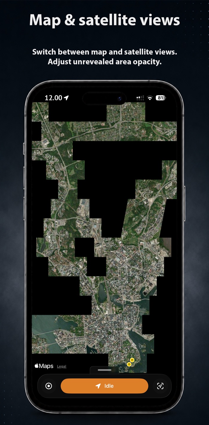 FogMap satellite view with explored areas uncovered and unvisited areas hidden under black fog of war