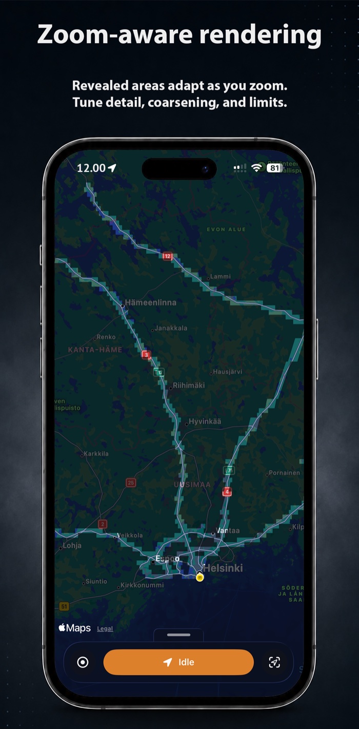 Zoom-aware view of FogMap showing revealed routes across a wider region of southern Finland