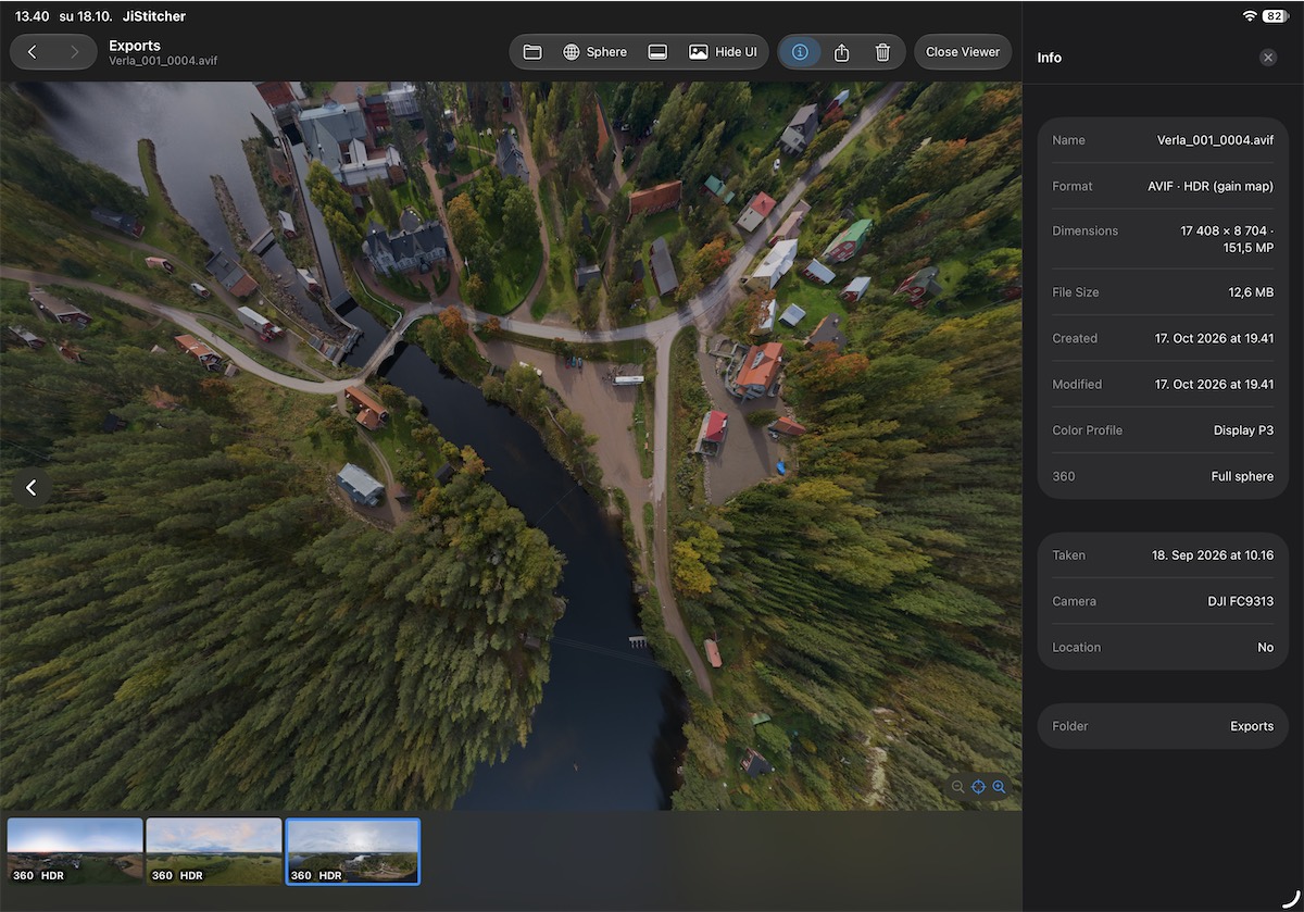 The JiStitcher viewer on an iPad, looking straight down on the Verla mill village and river, zoomed far out so the scene bends into a round, fisheye-like picture, with a strip of three thumbnails marked 360 HDR at the bottom and an info panel listing the AVIF file&rsquo;s format, dimensions, size, dates, colour profile and camera.