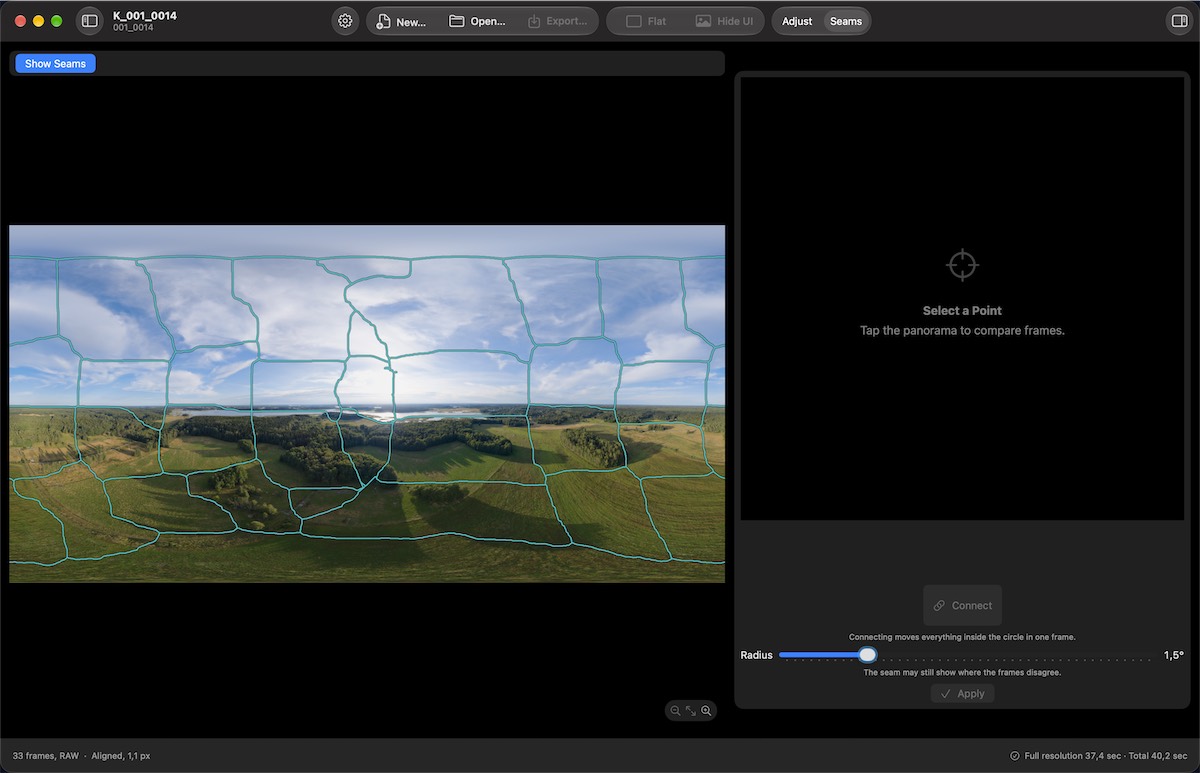 Adjust Seams on a Mac: the whole panorama with every seam drawn as a line, and an empty comparison pane waiting for a point to be selected.