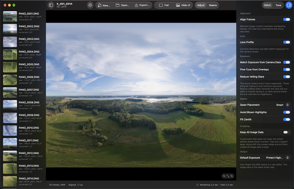 JiStitcher on a Mac: a list of 33 DNG frames on the left with each frame&rsquo;s yaw, pitch and alignment correction, a flat 360-degree preview of fields and a lake in the middle, and the Stitch panel on the right with its alignment, lens, exposure, seam, cropping and output options.